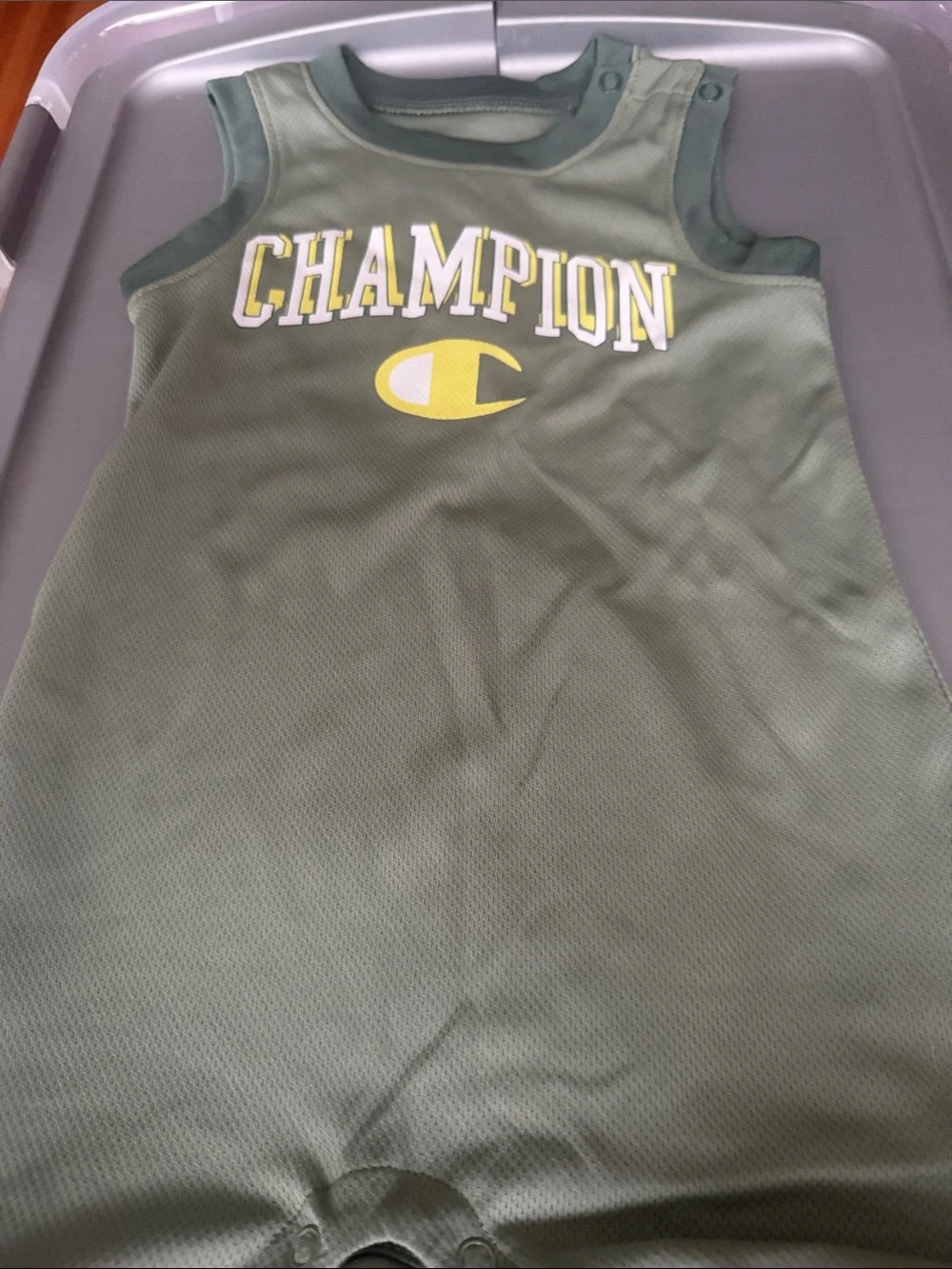 Champion Olive Green Sleeveless Mesh Baby Romper with Yellow Logo